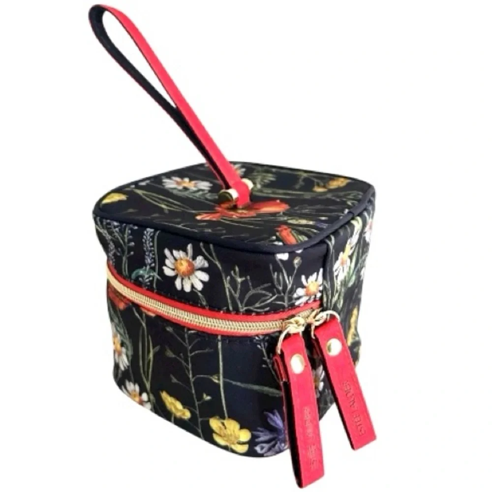 Estee Lauder Floral Print Double Zip Orange Top Handle Wristlet Mini Square Bag